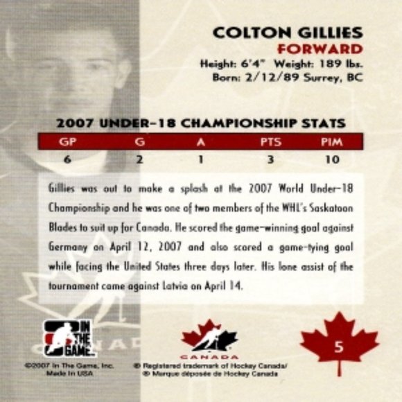 COLTON GILLIES - 2007 UNDER 18 CHAMPIONSHIP SERIES CARD - CARD NUMBER 5 - Picture 2 of 2